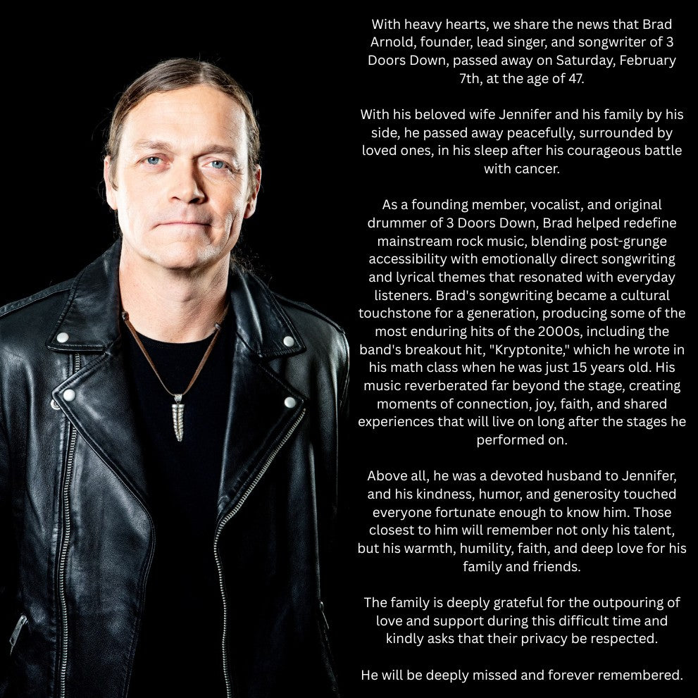 Announcement of Brad Arnold's death. 